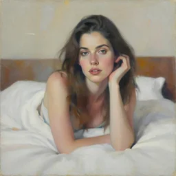 aesthetic portrait painting of a beautiful woman posing in an artistic over a bed, by jeremy mann, only one head single portrait