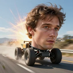 Giant head of david copperfield with four wheels, running fast on a californian highway, digital painting, 4k, rays of light, particles light, kuvshinov ilya