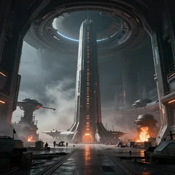 a minimalist scifi brutalist futuristic hangar interior aircraft carrier tower spaceship factory planet iron forge smelting pits with atmospheric perspective, HDR, ilm, beeple, star citizen halo, mass effect, bladerunner, elysium