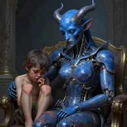 hyper detailed 3 d render. neoclassicist renaissance close - up portrait of singularity blue demon seated, black heartbroken crying boy left all alone, with high tech body interface. iridescent textures. highly detailed fantasy science fiction painting. highly detailed fantasy science fiction painting by vrubel and chris cunningham. dark and volumetric. artstation solitude, ultrafine highly detailed hyper colorful illustration