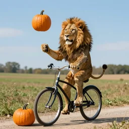 lion on a monocycle, juggling, a pumpkin near main character