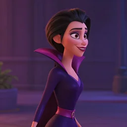 head and shoulder shot of a female vampire walking home at night, inspired by pixar, hard lighting, professional studio, smile, vibrant colors, fashion, sideview