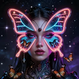a portrait of a beautiful attractive girl with a neon butterfly face head, fixed eyes, butterflies, cult secret society, cosmic magic, art by james paick, and shaddy safadi, ominous, cosmic horror, trending on artstation, ultra detailed, hyper realistic 4 k, octane, cinema 4 d, c 4 d beeple render
