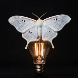 errie dreamlike matte painting of a beautiful white moth sitting on an edison bulb in empty black space, cgsociety, artstation, steampunk