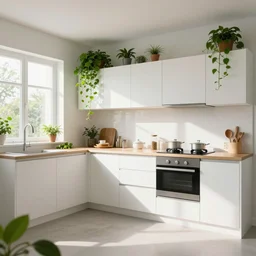 a photograph of a contemporary kitchen, white with green accents, filled with plants and vines, wide angle, morning light,