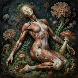 a beautiful detailed photo of a rotten woman corpse morphing into fractal plants and fractal flowers and mushrooms, muscles, veins, anatomical, intricate, ornate, volumetric light, beautiful lit, manet