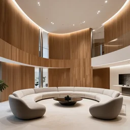 living room designed by zaha hadid with wood paneling, metal structures, futuristic furniture, led lighting, minimalist interior design, modern architecture, photography