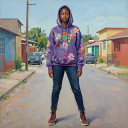 painting by jenny saville of yolandi visser wearing a hoodie standing in a township street in the style of jenny saville, street clothing, haute couture fashion, full figure painting by jenny saville, decorative flowers, 2 4 mm, die antwoord