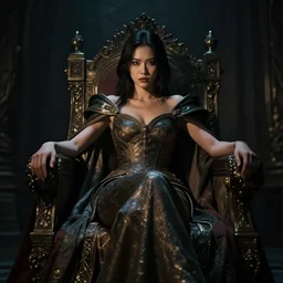 a photorealistic dramatic fantasy render of a strong fierce beautiful young asian queen with medium length hair sitting on her throne by wlop, artgerm, greg rutkowski, alphonse mucha, beautiful dynamic dramatic dark moody lighting, shadows, cinematic atmosphere, artstation, concept design art, octane render, 8 k