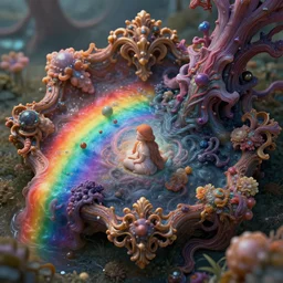 hyperrealistic close-up baroque psychedelic!! organic thing!! peaceful kind spirit of nature highly detailed concept art eric zener elson peter cinematic hard rainbow lighting high angle hd 8k sharp shallow depth of field, inspired by Zdzisław Beksiński