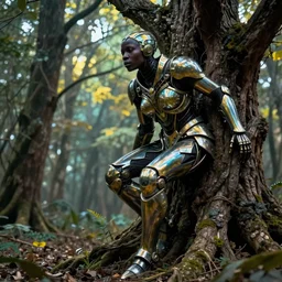hyperrealistic post - symbolism cinematic super expressive! black woman with exoskeleton armor, merging with tree in a forest, highly detailed digital art masterpiece, smooth cam de leon eric zener dramatic pearlescent soft teal yellow light, ground angle hd 8 k, sharp focus