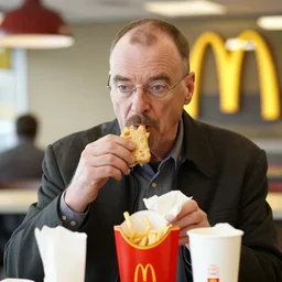 walter white eating at mcdonald's, mcdonald's interior background, photo