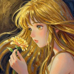recursive image with a girl looking at flower, large eyes, her long hair flowing, surreal, oil pastels and gold, in the style of katsuhiro otomo, modeled in poser, redshift render, uhd