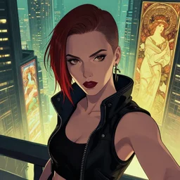 cyberpunk woman in a metropolis, high detail, crisp shading, in the style of greg rutkowski alphonse mucha andree wallin, artstation, selfie