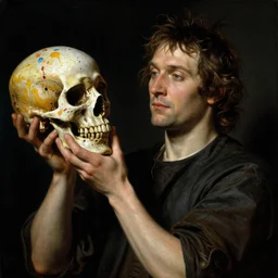 neoclassicist portrait of a man holding up a colorful skull covered in splattered paint. dark lighting. black background. highly detailed science - fiction painting by norman rockwell, moebius, frank frazetta, syd mead, donato giancola. rich colors, high contrast. renaissance masterpiece. artstation