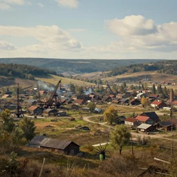 stunning landscape, mining town, 8 k uhd, unreal engine, octane render in the artstyle of kuindzhi