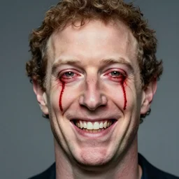 a full portrait of evil grinning mark zuckerberg with pale skin and bloodshot eyes and blood flowing from his eyes over his cheeks f / 2 2, 3 5 mm, 2 7 0 0 k, lighting, perfect faces, award winning photography.