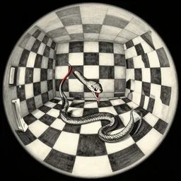 escher. composition : fish eye lens. style : lithography. scenery : a checkered room. subject : a snake with long red tail. action : the snake is biting it's own tail.