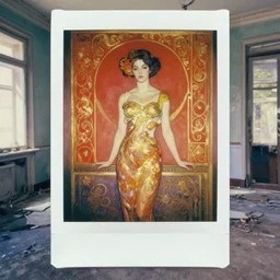 an elegant girl in a liminal abandoned room, red and gold, old polaroid by goya, by hopper, digital painting, jugendstil, art noveau, strong lights, flat colors, pastel colors,
