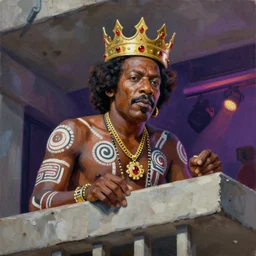 palette knife oil painting portrait of james brown, a king - with gold crown with rubies, man in mafia wear and australian aboriginal body paint, concrete balcony, nightclub, artstation trending, artgerm, any racial background, deviant art, hipster, octane, substance, art history 8 k