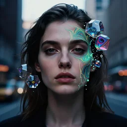 beautiful female face portrait, beautiful portrait, photography by amy leibowitz and filip fedorov, urban city photography, close up portrait, cinematic still, film still, magic hour, dark mood, cold colors, 8 k gigapixel, kodak pro max 4 0 0, sony, kodak, long exposure, art noveau painting, neobrutalism, 3 d octahedrons, liquid marble fluid painting, neon glow