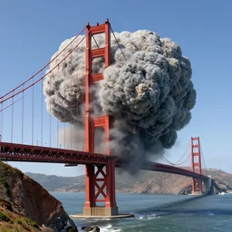 large meteor about to hit golden gate bridge, photorealistic, hyper real