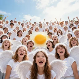 10,100 humans wearing angel costumes. they look up at the sky. they look at the viewer in joy. there is egg yolk in the middle of the crowd.