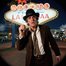 man dressed as raoul duke shot from fear and loathing in las vegas smoking, wide lens photo, photo still, 4 k