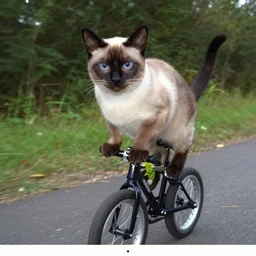 Siamese cat on a unicycle, trail cam, HD