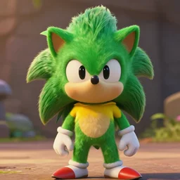green anthropomorphic hedgehog by Pixar with yellow shirt, cinematic shot