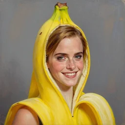 portrait, emma watson face as a banana, dressed as a banana, banana costume, smiling, ripe banana head, realism, oil painting, character, vibrant colors, photo emma watson