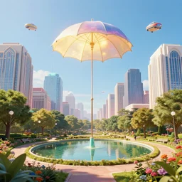 1 9 2 0 floating illuminating parasol park with small pond inside art deco metropolis optimistic colorful sunny clear day parks trees flowers flying cars clear focus [ [ minimalist brutalist skyscrapers ] ] [ art deco motifs ] cinematic lighting fantasy by ross tran greg rutkowski elegant retro futuristic highly detailed artstation