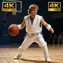 “ luke skywalker using the force to play basketball, highly detailed, 4 k, hdr, smooth, sharp focus, high resolution, award - winning photo ”