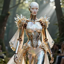 hybrid white pearlescent, chrome, titanium biomechanical beauteous sumptuous, futuristic catwalk fashion show, crystal, gold, copper, bronze, crystalline masterpiece incrustations, hyperdetailed metalwork, movie still, intricate, octane render, cinematic forest lighting, unreal engine, crepuscular rays, god rays