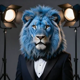 a studio photograph of a blue lion wearing a tuxedo suit,professional photography,studio lighting,studio photo,professional lighting,3 point lighting,dramatic,4k,detailed face,hyperdetailed,photorealistic,digital art,ultra realistic,ultra detailed,art by greg rutkowski