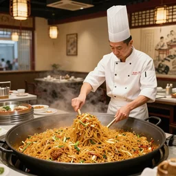 Inside a traditional Chinese restaurant, with the chef preparing lots of yakisoba in a giant pot art by Norman Rockwell