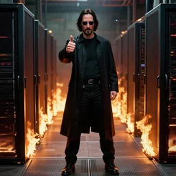 A photo of Keanu Reeves as Neo in The Matrix movie doing a thumb up to the camera in front on burning servers, servers in flames in the background, doing a thumb up, uncropped, full body, crispy, ultra detailed, cinematic