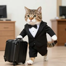 a cat wearing full tuxedo suit, holding a suitcase, in a hurry to get to work