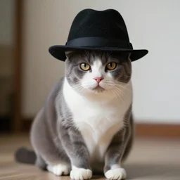 a cat with gray back and legs, white muzzle and underside, using a black fedora!!! on its head, photorealistic, ultra detailed, hd, cinematic composition