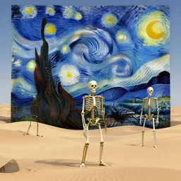 3 d render, skelton, waling, desert, ship, in the style of van gogh starry night.