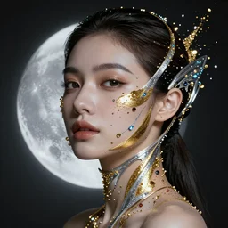 portrait of a beautiful woman layered with futuristic high-tech jewelry wrapping around her face and head, golden-silver glow of moonlight with tiny blue, gold, and red gems scattered like dust