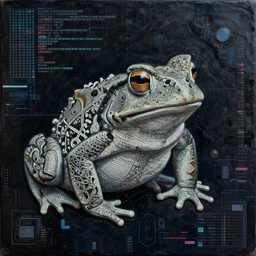 toad, error, tribal, shape of frogs, artwork, abstract, acrylic, oil, clay, line work, mixed, stipples, glitch, pixels, geometry, data, datamosh, data, motherboard, minimal, computers, binary, code, cybernetic, splotches, painting, dark, eerie, cyber, latitude and longitude