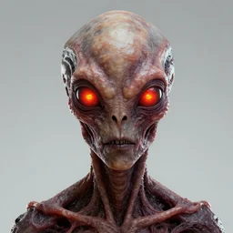 portrait of a space alien, varying detailed skin, meat monstrosity, eyes containing a piercing red and yellow light, realistic render, detailed, ugly, slimy unreal engine, symmetrical!!, greg rutkowski and ruan jia, octane render,