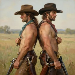 a symmetrical painting by clyde aspevig, greg rutkowski, gaston bussiere, j. c. leyendecker of attractive hairy gunslinger and handsome cowboy, they are in love standing back to back | bandoliers, shirtless, leather clothing | homoerotic, natural lighting, path traced, highly detailed, high quality, trending on artstation