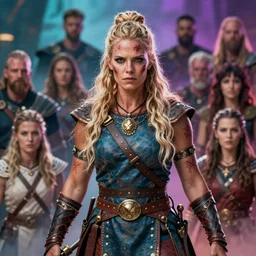 Realistic full-body photo of a majestic fierce viking woman, leader, mind-blowing details, ethereal, fear, scarred, highly detailed, viking attire, cinematic, 16k, 1080s,  smooth, sharp focus, by Stanley Artgermm, Tom Bagshaw, Greg Rutkowski, Vincent di Fate, Carne Griffiths, Ayami Kojima, trending on DeviantArt, hyper detailed, full of color, digital art, Vibrant colors, Smooth gradients, High contrast, depth of field, aperture f2.8