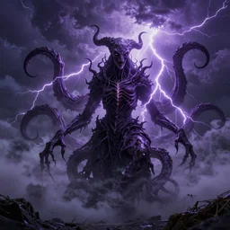mindflayer but purple eerie, death, purple lightning, storm, end of world, tentacles coming out of the clouds