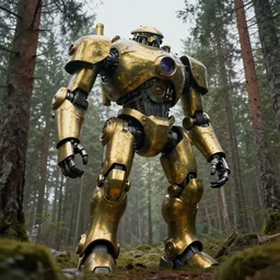 steampunk colossal mech standing in a swedish forest, very low angle photograph, simple, brass plates, trending on artstation, realistic, soft colors, simon stålenhag