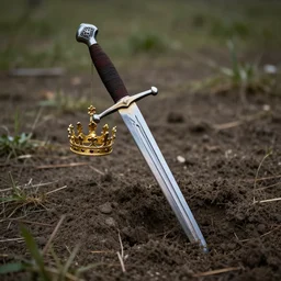 a sword stunk in the ground. a crown hanging from the hilt.