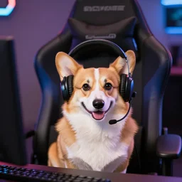 corgi on a gaming chair wearing a gaming headset, webcam photo