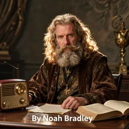 wizard, bearded man, radio equipment, desk, tome, by Noah Bradley